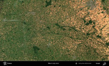 Vire. Copernicus Sentinel 'in Temmuz 2020' de çekilmiş uydu görüntüsü üzerine Fransa 'nın idari bölgesi.