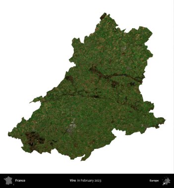 Vire. Fransa 'nın idari bölgesi, Şubat 2023' te çekilen Kopernik Nöbetçi karolarından oluşan bir uydu görüntüsüyle beyaza izole edildi.