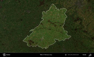 Vire. Fransa 'nın idari alanı, Şubat 2023' te çekilen Kopernik Nöbetçi karolarından oluşan koyu renkli bir uydu görüntüsü üzerinde vurgulandı ve özetlendi.