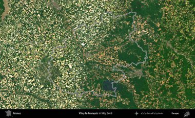 Vitry-le-Francois. Mayıs 2018 'de çekilen Copernicus Sentinel karolarından oluşan bir uydu görüntüsünde Fransa' nın idari bölgesinin ana hatlarını çizdim.