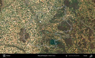 Vitry-le-Francois. Mart 2022 'de çekilen Copernicus Sentinel karolarından oluşan bir uydu görüntüsünde Fransa' nın idari bölgesinin ana hatları belirlendi.