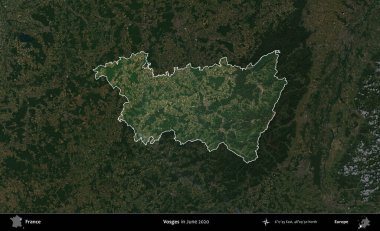 Vosges. Fransa 'nın idari alanı, Haziran 2020' de çekilen Kopernik Nöbetçi karolarından oluşan koyu renkli bir uydu görüntüsüyle vurgulandı ve özetlendi.