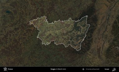 Vosges. Fransa 'nın idari alanı, Mart 2022' de çekilen Kopernik Sentinel karolarından oluşan koyu renkli bir uydu görüntüsü üzerinde vurgulandı ve özetlendi.