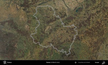 Yonne. Mart 2022 'de çekilen Copernicus Sentinel karolarından oluşan bir uydu görüntüsünde Fransa' nın idari bölgesinin ana hatları belirlendi.