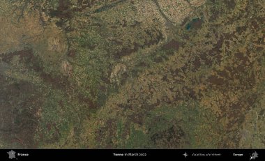 Yonne. Copernicus Sentinel 'in Mart 2022' de çekilmiş uydu görüntüsü üzerine Fransa 'nın idari bölgesi.
