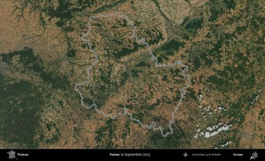 Yonne. Eylül 2023 'te çekilen Copernicus Sentinel karolarından oluşan bir uydu görüntüsünde Fransa' nın idari bölgesinin ana hatlarını çizdim.