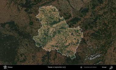 Yonne. Fransa 'nın idari alanı, Eylül 2023' te çekilen Kopernik Nöbetçi karolarından oluşan koyu renkli bir uydu görüntüsü üzerinde vurgulandı ve özetlendi.
