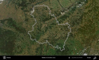 Yonne. Copernicus Sentinel 'in Ekim 2024' te çekilen uydu görüntüsünde Fransa 'nın idari bölgesinin ana hatlarını çizdim.