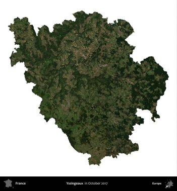 Yssingeaux. Fransa 'nın idari bölgesi, Ekim 2017' de çekilen Kopernik Nöbetçi karolarından oluşan uydu görüntüsüyle beyaza izole edildi.