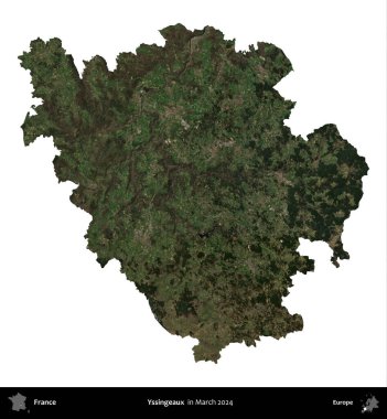 Yssingeaux. Fransa 'nın idari bölgesi, Mart 2024' te çekilen Kopernik Nöbetçi karolarından oluşan bir uydu görüntüsüyle beyaza izole edildi.