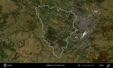 Yvelines. Copernicus Sentinel 'in Kasım 2020' de çekilen uydu görüntüsünde Fransa 'nın idari bölgesinin ana hatları belirlendi.