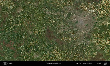Yvelines. Copernicus Sentinel 'in Nisan 2021' de çekilmiş uydu görüntüsü üzerine Fransa 'nın idari bölgesi.
