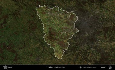 Yvelines. Fransa 'nın idari alanı, Şubat 2023' te çekilen Kopernik Nöbetçi karolarından oluşan koyu renkli bir uydu görüntüsü üzerinde vurgulandı ve özetlendi.