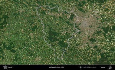 Yvelines. Haziran 2023 'te çekilen Copernicus Sentinel karolarından oluşan bir uydu görüntüsünde Fransa' nın idari bölgesinin ana hatları belirlendi.
