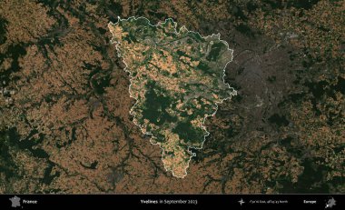 Yvelines. Fransa 'nın idari alanı, Eylül 2023' te çekilen Kopernik Nöbetçi karolarından oluşan koyu renkli bir uydu görüntüsü üzerinde vurgulandı ve özetlendi.