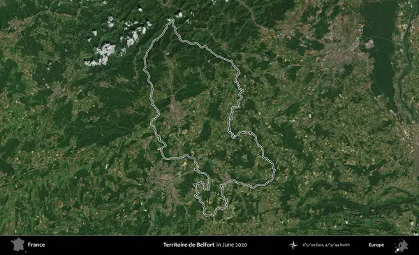 Territoire-de-Belfort. Haziran 2020 'de çekilen Copernicus Sentinel karolarından oluşan bir uydu görüntüsü üzerine Fransa' nın idari bölgesinin ana hatlarını belirledik.