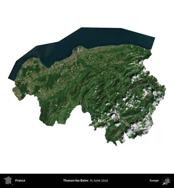 Thonon-les-Bains. Fransa 'nın idari bölgesi, Haziran 2020' de çekilen Kopernik Nöbetçi karolarından oluşan bir uydu görüntüsüyle beyaza izole edildi.