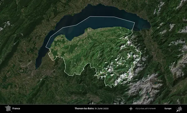 Thonon-les-Bains. Fransa 'nın idari alanı, Haziran 2020' de çekilen Kopernik Nöbetçi karolarından oluşan koyu renkli bir uydu görüntüsüyle vurgulandı ve özetlendi.