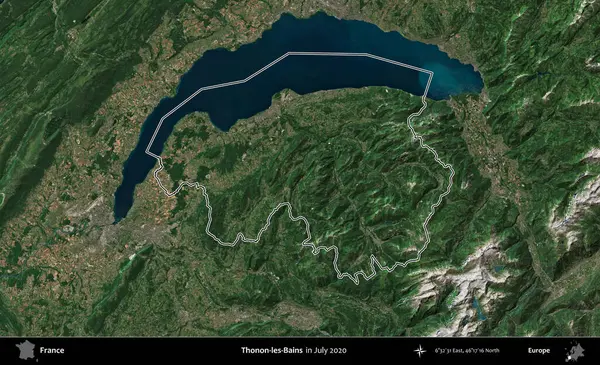 Thonon-les-Bains. Copernicus Sentinel 'in Temmuz 2020' de çekilen uydu görüntüsünde Fransa 'nın idari bölgesinin ana hatları belirlendi.