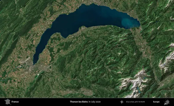 Thonon-les-Bains. Copernicus Sentinel 'in Temmuz 2020' de çekilmiş uydu görüntüsü üzerine Fransa 'nın idari bölgesi.