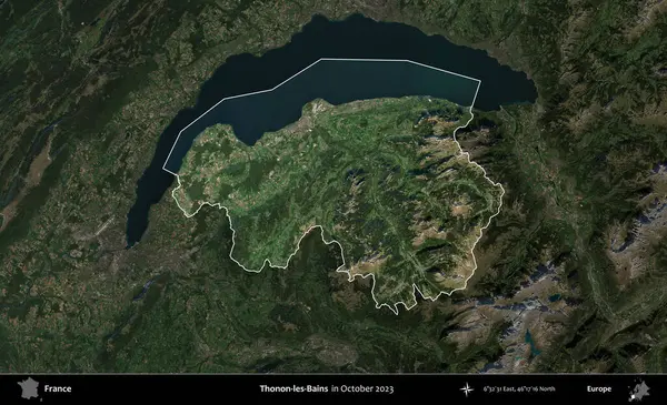 Thonon-les-Bains. Fransa 'nın idari alanı, Ekim 2023' te çekilen Kopernik Nöbetçi karolarından oluşan koyu renkli bir uydu görüntüsü üzerinde vurgulandı ve özetlendi.