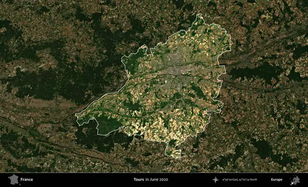 Turlar. Fransa 'nın idari alanı, Haziran 2020' de çekilen Kopernik Nöbetçi karolarından oluşan koyu renkli bir uydu görüntüsüyle vurgulandı ve özetlendi.