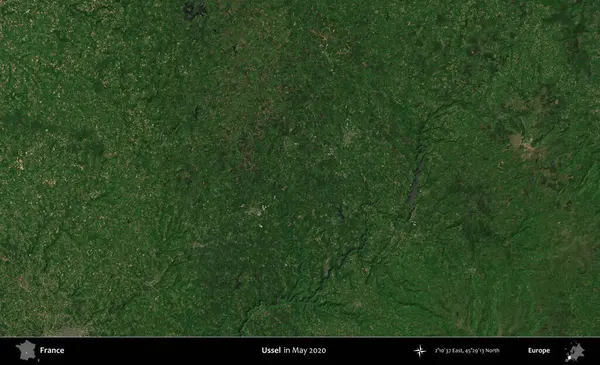 Ussel. Mayıs 2020 'de Copernicus Sentinel karolarından oluşan bir uydu görüntüsü üzerine Fransa' nın idari bölgesi