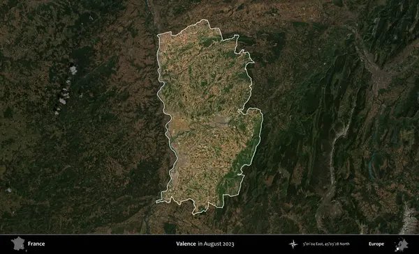 Valence. Fransa 'nın idari alanı, Ağustos 2023' te çekilen Kopernik Nöbetçi karolarından oluşan koyu renkli bir uydu görüntüsüyle vurgulandı ve özetlendi.