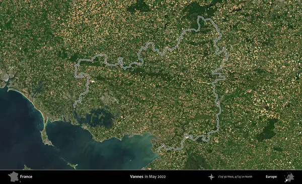 Vannes. Mayıs 2022 'de çekilen Copernicus Sentinel karolarından oluşan bir uydu görüntüsünde Fransa' nın idari bölgesinin ana hatları belirlendi.