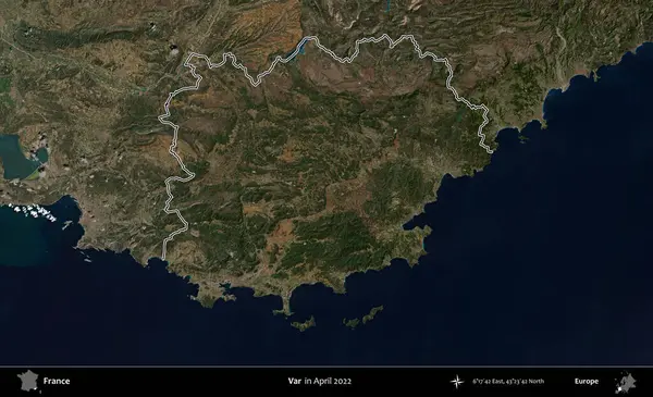 Var. Nisan 2022 'de çekilen Copernicus Sentinel karolarından oluşan bir uydu görüntüsünde Fransa' nın idari bölgesinin ana hatları belirlendi.