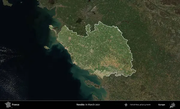 Vendee. Fransa 'nın idari alanı, Mart 2021' de çekilen Kopernik Sentinel karolarından oluşan koyu renkli bir uydu görüntüsü üzerinde vurgulandı ve özetlendi.