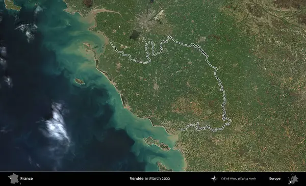 Vendee. Mart 2022 'de çekilen Copernicus Sentinel karolarından oluşan bir uydu görüntüsünde Fransa' nın idari bölgesinin ana hatları belirlendi.
