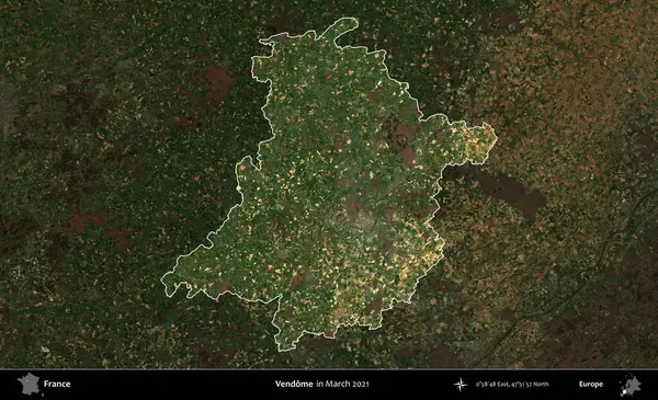 Vendome. Fransa 'nın idari alanı, Mart 2021' de çekilen Kopernik Sentinel karolarından oluşan koyu renkli bir uydu görüntüsü üzerinde vurgulandı ve özetlendi.