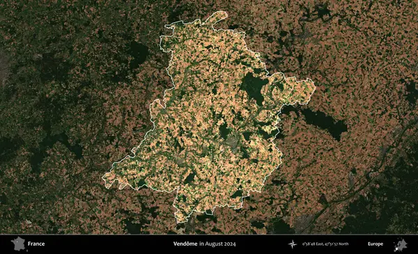 Vendome. Fransa 'nın idari alanı, Ağustos 2024' te çekilen Kopernik Sentinel karolarından oluşan koyu renkli bir uydu görüntüsü üzerinde vurgulandı ve özetlendi.