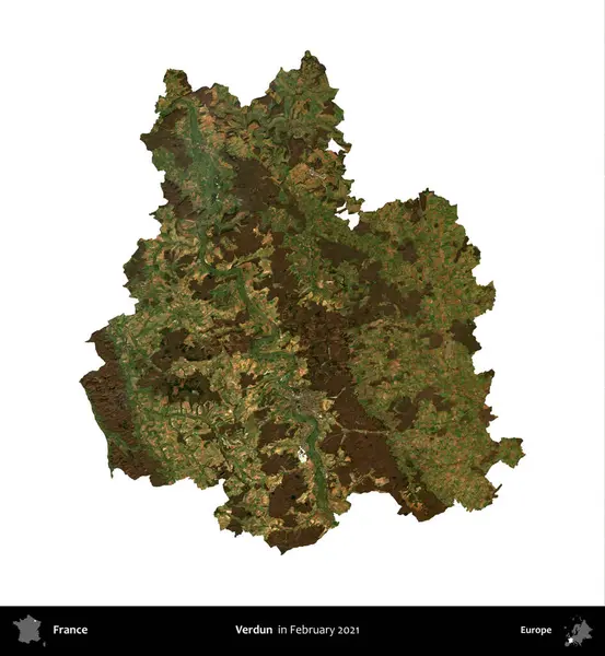 Verdun. Fransa 'nın idari bölgesi, Şubat 2021' de çekilen Kopernik Nöbetçi karolarından oluşan bir uydu görüntüsüyle beyaza izole edildi.