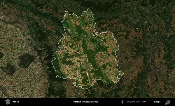Verdun. Fransa 'nın idari alanı, Ekim 2022' de çekilen Kopernik Nöbetçi karolarından oluşan koyu renkli bir uydu görüntüsü üzerinde vurgulandı ve özetlendi.
