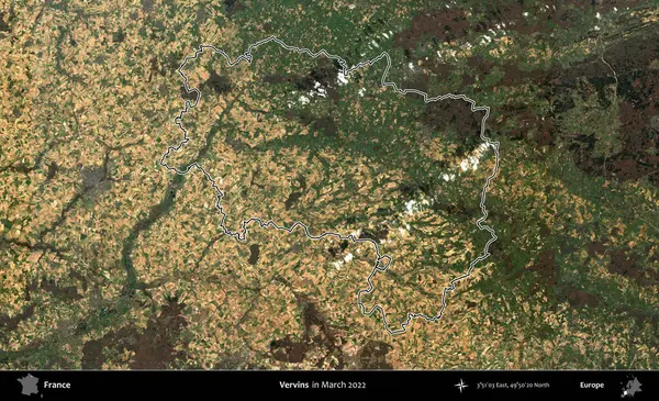 Vervinler. Mart 2022 'de çekilen Copernicus Sentinel karolarından oluşan bir uydu görüntüsünde Fransa' nın idari bölgesinin ana hatları belirlendi.