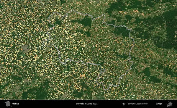 Vervinler. Haziran 2023 'te çekilen Copernicus Sentinel karolarından oluşan bir uydu görüntüsünde Fransa' nın idari bölgesinin ana hatları belirlendi.