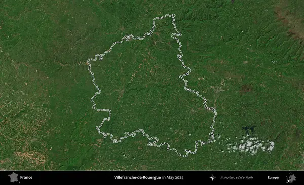 Villefranche-de-Rouergue 'da. Mayıs 2024 'te çekilen Copernicus Sentinel karolarından oluşan bir uydu görüntüsünde Fransa' nın idari bölgesinin ana hatlarını çizdim.