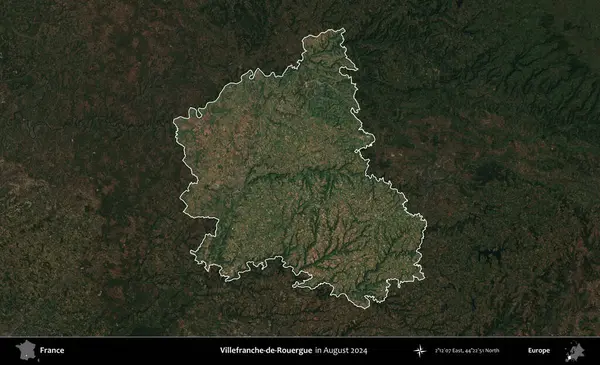 Villefranche-de-Rouergue 'da. Fransa 'nın idari alanı, Ağustos 2024' te çekilen Kopernik Sentinel karolarından oluşan koyu renkli bir uydu görüntüsü üzerinde vurgulandı ve özetlendi.