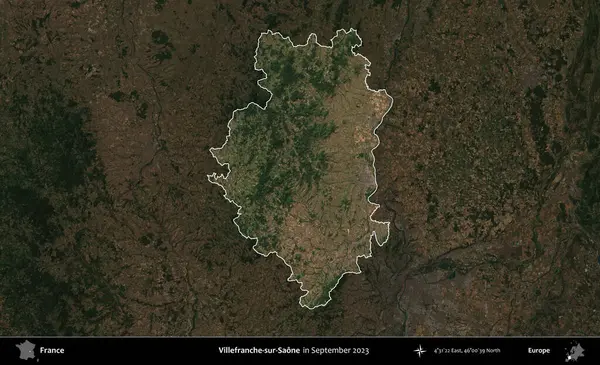 Villefranche-sur-Saone. Fransa 'nın idari alanı, Eylül 2023' te çekilen Kopernik Nöbetçi karolarından oluşan koyu renkli bir uydu görüntüsü üzerinde vurgulandı ve özetlendi.