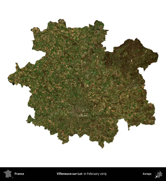 Villeneuve-sur-Lot. Fransa 'nın idari bölgesi, Şubat 2019' da çekilen Kopernik Nöbetçi karolarından oluşan uydu görüntüsüyle beyaza izole edildi.