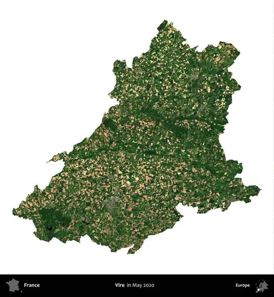 Vire. Fransa 'nın idari bölgesi, Mayıs 2020' de çekilen Kopernik Nöbetçi karolarından oluşan bir uydu görüntüsüyle beyaza izole edildi.