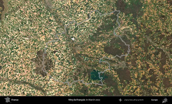 Vitry-le-Francois. Mart 2022 'de çekilen Copernicus Sentinel karolarından oluşan bir uydu görüntüsünde Fransa' nın idari bölgesinin ana hatları belirlendi.