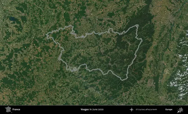 Vosges. Haziran 2020 'de çekilen Copernicus Sentinel karolarından oluşan bir uydu görüntüsü üzerine Fransa' nın idari bölgesinin ana hatlarını belirledik.