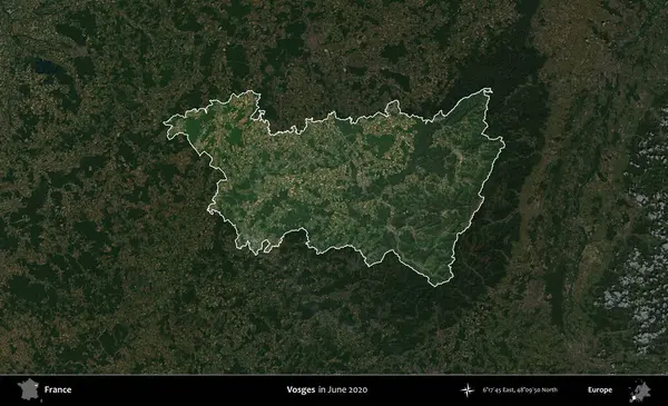 Vosges. Fransa 'nın idari alanı, Haziran 2020' de çekilen Kopernik Nöbetçi karolarından oluşan koyu renkli bir uydu görüntüsüyle vurgulandı ve özetlendi.