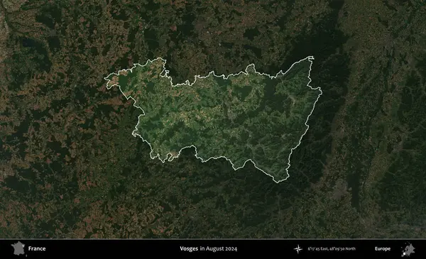 Vosges. Fransa 'nın idari alanı, Ağustos 2024' te çekilen Kopernik Sentinel karolarından oluşan koyu renkli bir uydu görüntüsü üzerinde vurgulandı ve özetlendi.