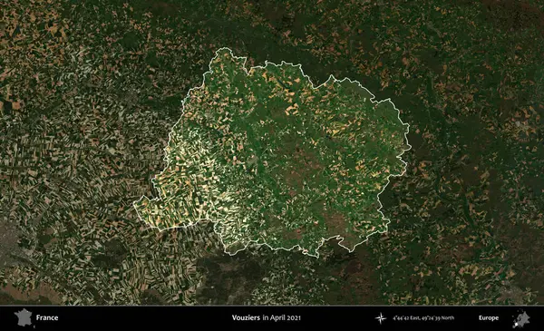 Vouziers. Fransa 'nın idari alanı, Nisan 2021' de çekilen Kopernik Sentinel karolarından oluşan koyu renkli bir uydu görüntüsü üzerinde vurgulandı ve özetlendi.