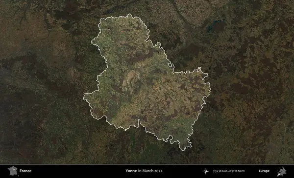 Yonne. Fransa 'nın idari alanı, Mart 2022' de çekilen Kopernik Sentinel karolarından oluşan koyu renkli bir uydu görüntüsü üzerinde vurgulandı ve özetlendi.