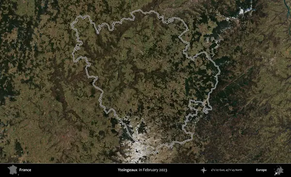 Yssingeaux. Copernicus Sentinel 'in Şubat 2023' te çekilen uydu görüntüsünde Fransa 'nın idari bölgesinin ana hatları belirlendi.